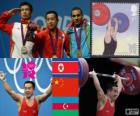 Подиум-мужчин по тяжелой атлетике 56 кг, ом Юн-Чхоль (Северная Корея), Ву Jingbao (Китай) и Валентин Христов (Азербайджан) - Лондон-2012-